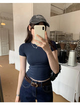 Y2K Vintage Slim Fit Crop Top - Solid Crewneck Short Sleeve Tee