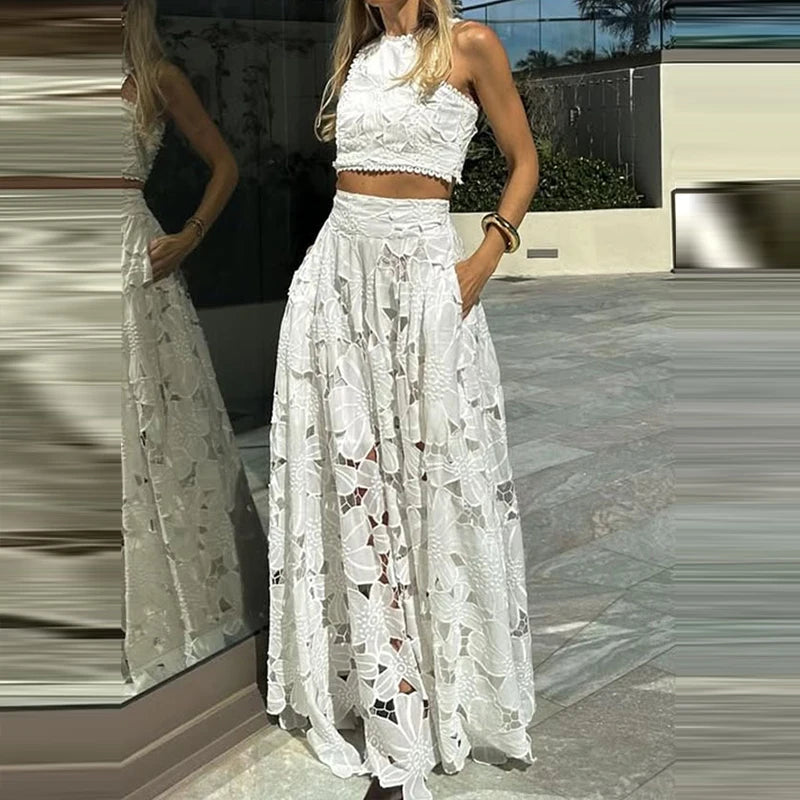 Elegant Boho Lace Embroidery 2-Piece Set | Sleeveless Crop Top & Maxi Skirt