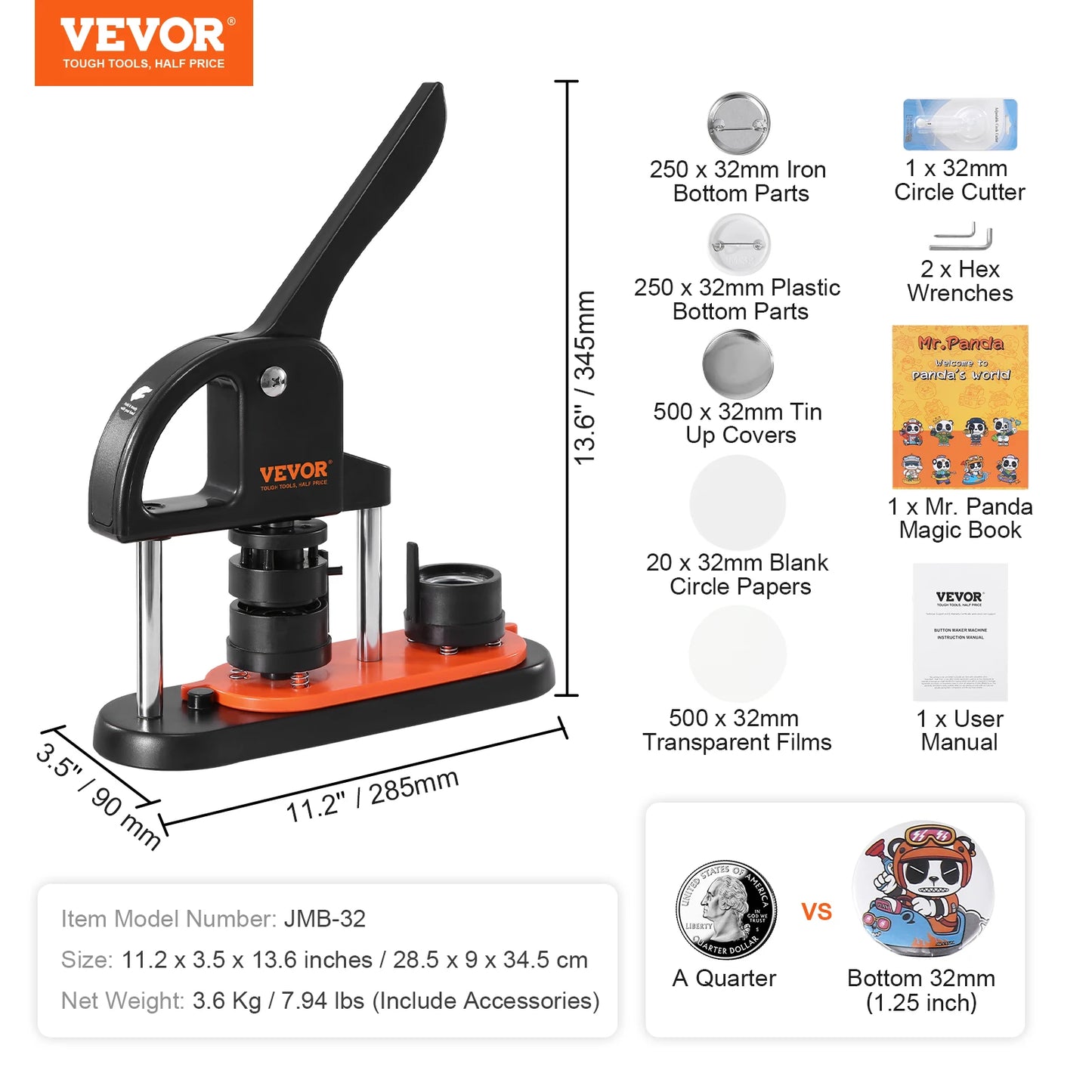 SucceBuy Button Maker 25/32/58 Pin Maker with Button Parts Ergonomic Arc Handle Punch Press Kit Button Maker Machine