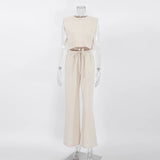 Spring Summer 2025 Women Holiday Linen Pant Set Crop Tops Solid Outfits 2 Two Piece Matching Set For Women