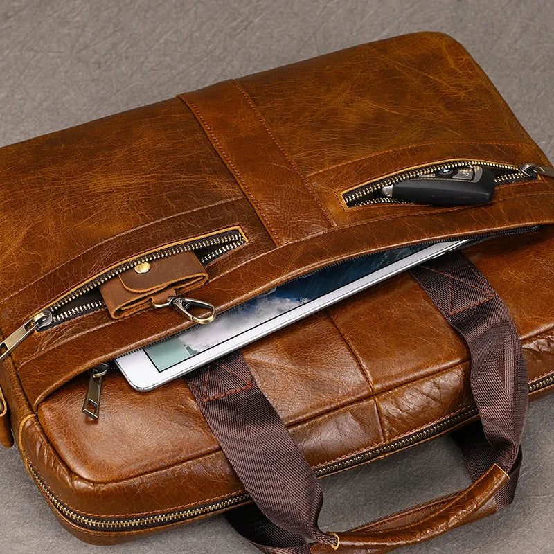 Luufan Genuine Leather Men's Business Handbag 15" Laptop Briefcase Bag Male A4 Document Shoulder Message Computer Bag Work Tote