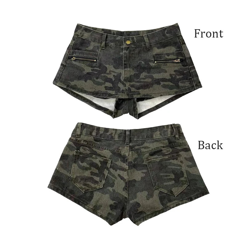 ReddaChic Y2K Camouflage Denim Skorts – Low Waist