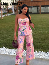 Floral Strapless Vest & Straight-Leg Trouser Set
