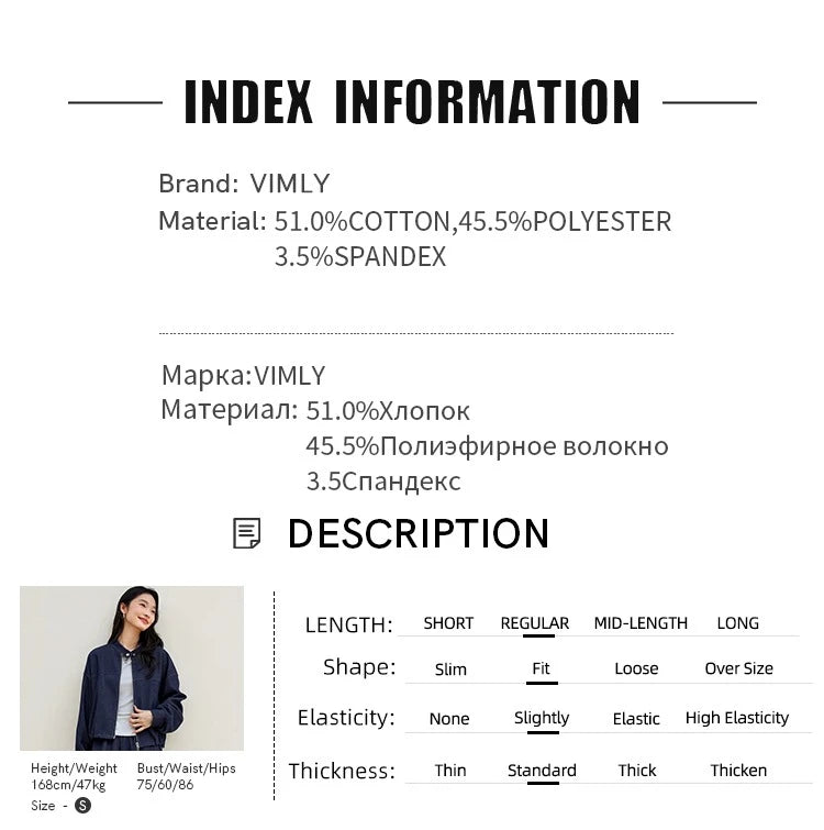 VIMLY 2 Piece Pant Set Woman Casual Outfits Women's Pant Suit 2026 Blue Stand-up Collar Jacket and Trouser Female Clothing A0119