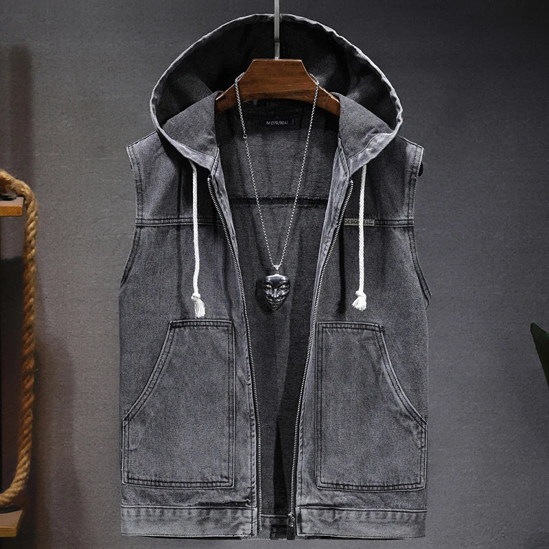 New Men's Loose Workwear Denim Vest with Hood Sleeveless Everyday Versatile Shoulder Pad Jacket Casual Unisex Outerwear
