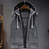 New Men's Loose Workwear Denim Vest with Hood Sleeveless Everyday Versatile Shoulder Pad Jacket Casual Unisex Outerwear