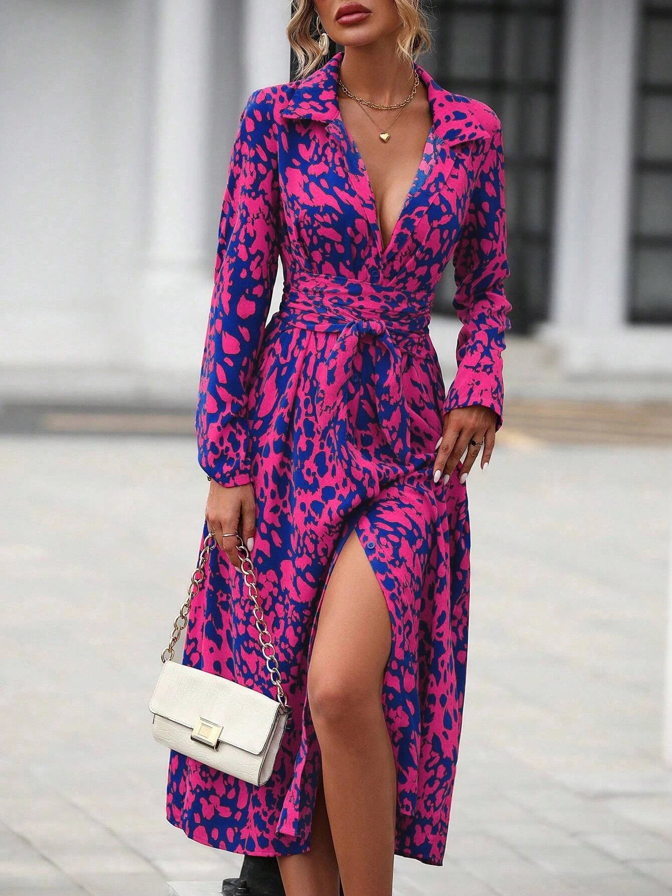 Elegant Print Belted Midi Dress