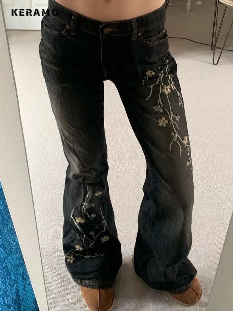 Weekeep Floral Embroidery Low Rise Flared Jeans Women