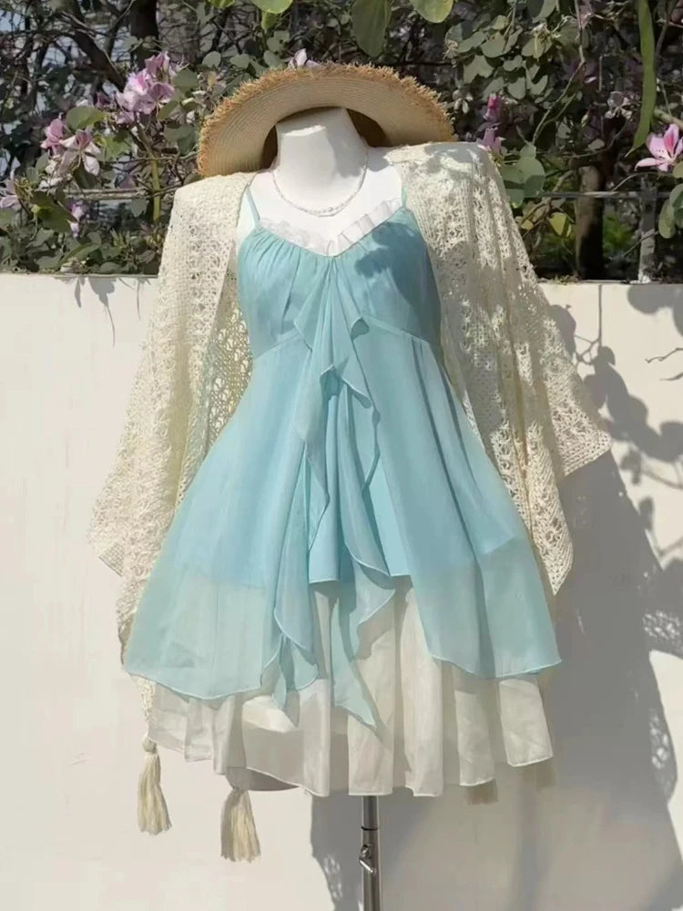 Casual Beach Style 2 Piece Skirt Sets Women Y2k Crop Top Vest + Mini Skirts Sweet Elegant Kawaii Vintage Suits Korean Fashion