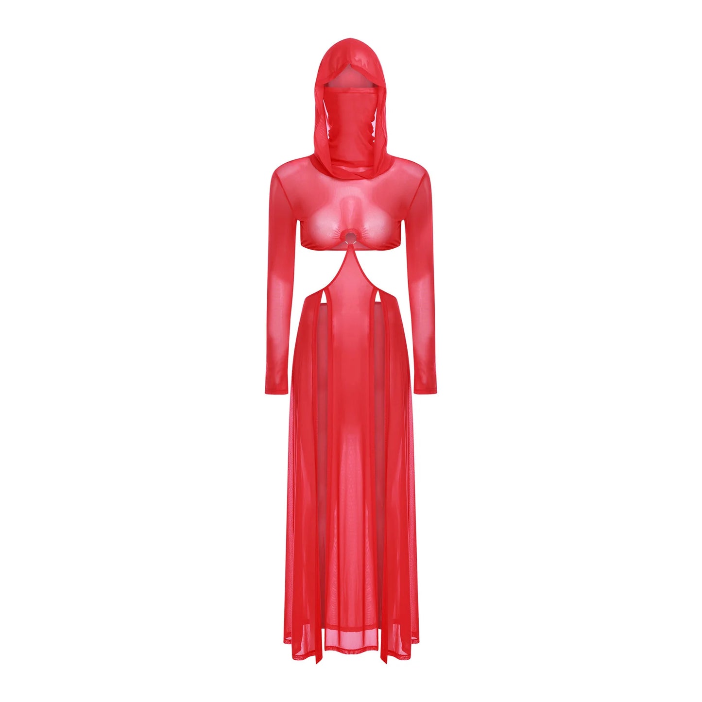Women’s Hooded Mask Sheer Maxi Dress