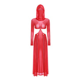 Women’s Hooded Mask Sheer Maxi Dress