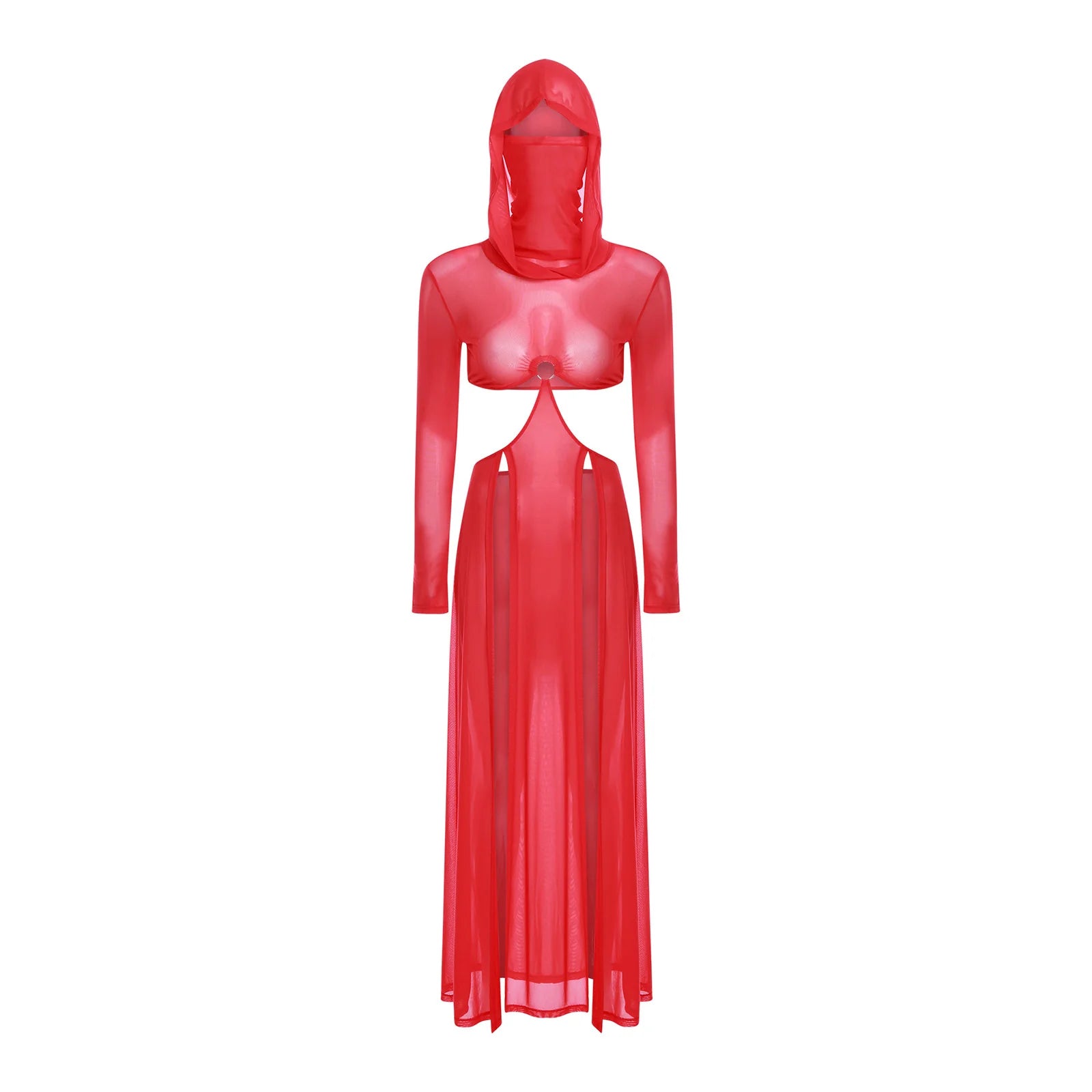 Women’s Hooded Mask Sheer Maxi Dress