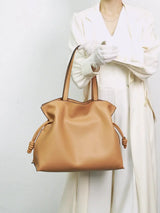 Autumn Winter High-End Leather Bucket Bag Drawstring Pleated Soft Cowhide Single Shoulder Tote Lucky Bag for Women