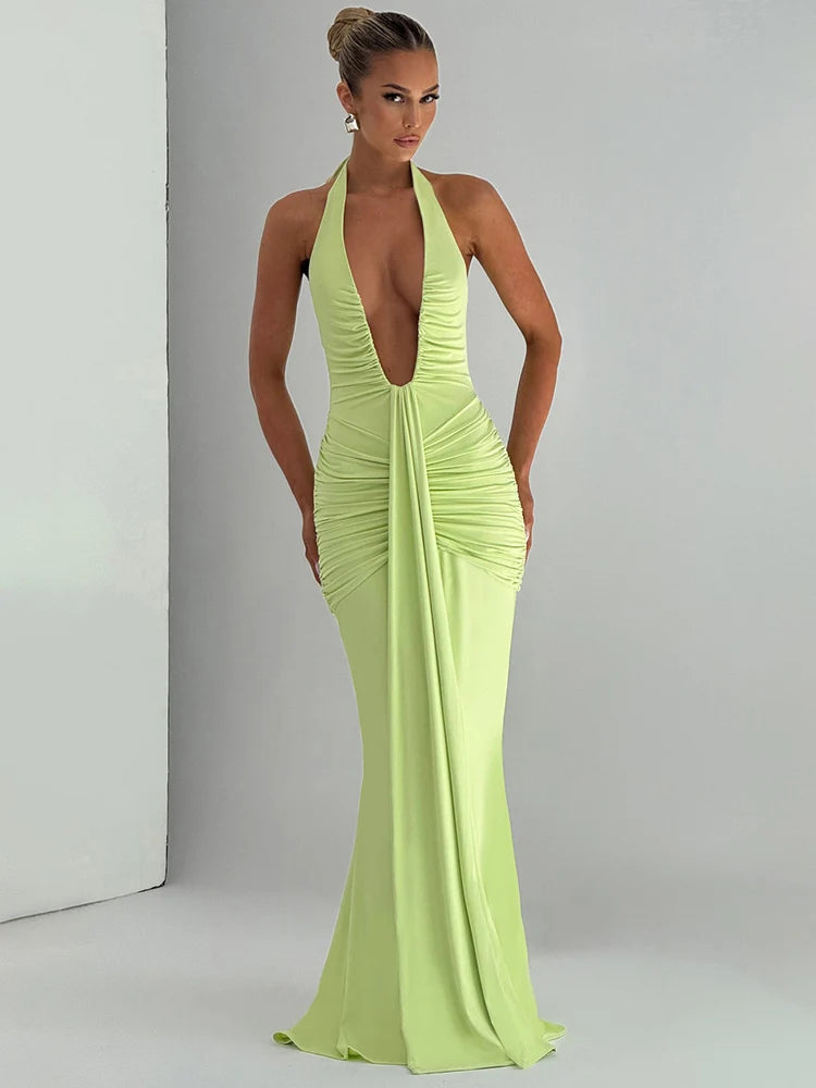 Elegant Deep V-Neck Halter Maxi Dress