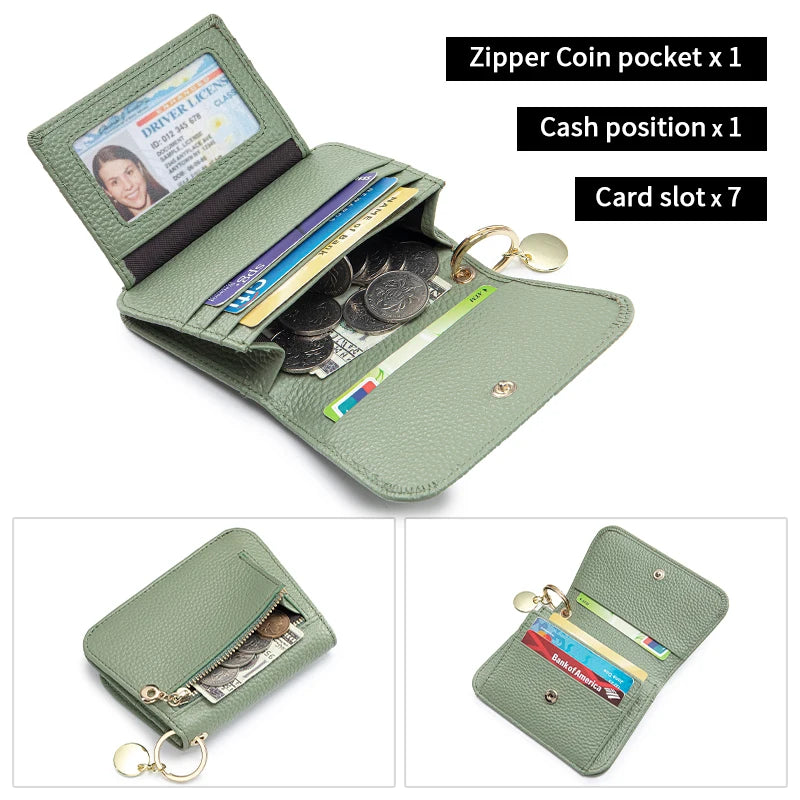 Women Genuine Leather Slim TriFold Wallet Credit Card Holder With Zipper Coin Pouch, ID Window & Keychain
