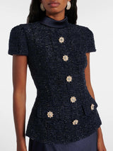 VGH Chic Two Piece Sets for Women Stand Collar Short Sleeves Spliced Pocket Tweed Top High Waist Maxi Skirts Vintage Suit Female