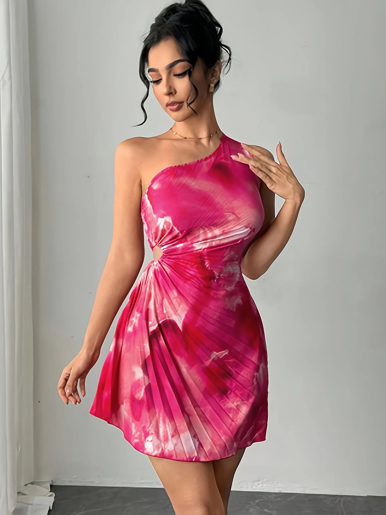 Women's Ink Print One-Shoulder Cut-Out Waist Mini Dress