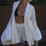 Oymimi Fashion White Cotton Women's Two Pieces Set Elegant Puff Sleeve Loose Lace-Up Shirts And High Waisted Shorts Female Sets