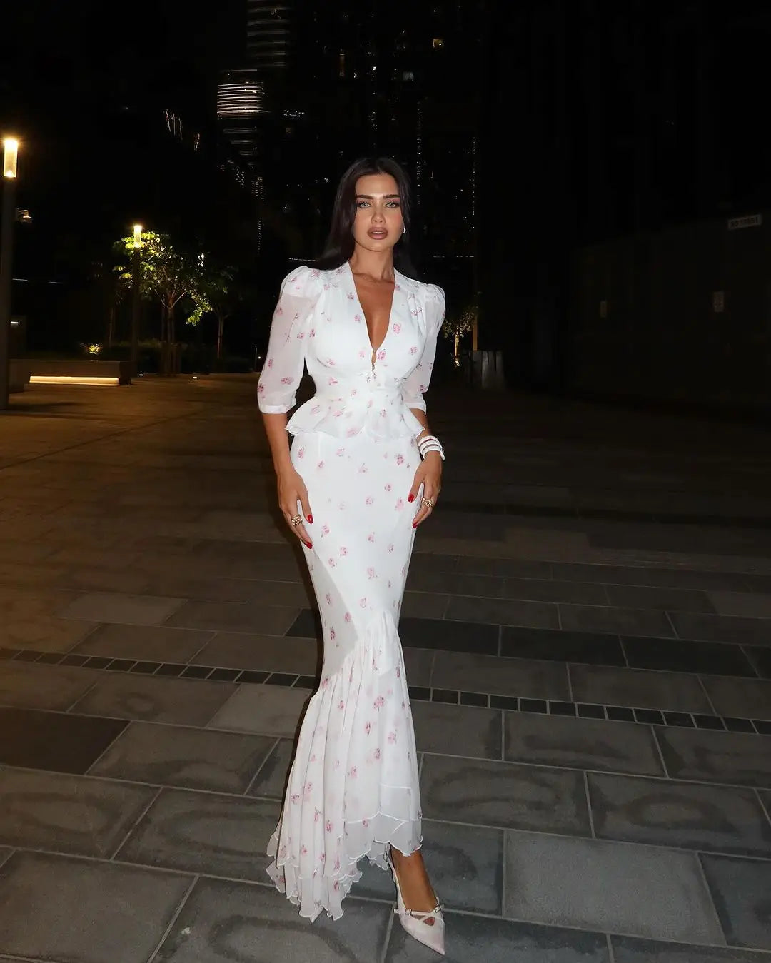 Women White Pink Floral Print Fishtail Skirt Set Chic V Neck Puff Sleeve Ruffle Button Crop Top Suit Elegant Lady Wedding Outfit
