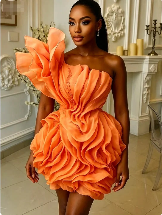 Asymmetric Ruffle Mini Dress | One-Shoulder Floral Gown