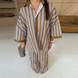 Fashion Stripe Long Pants Set Women Chic Lapel Single Breasted Shirt High Waist Wide Leg Trousers 2026 Spring New 2 Pcs Outfits