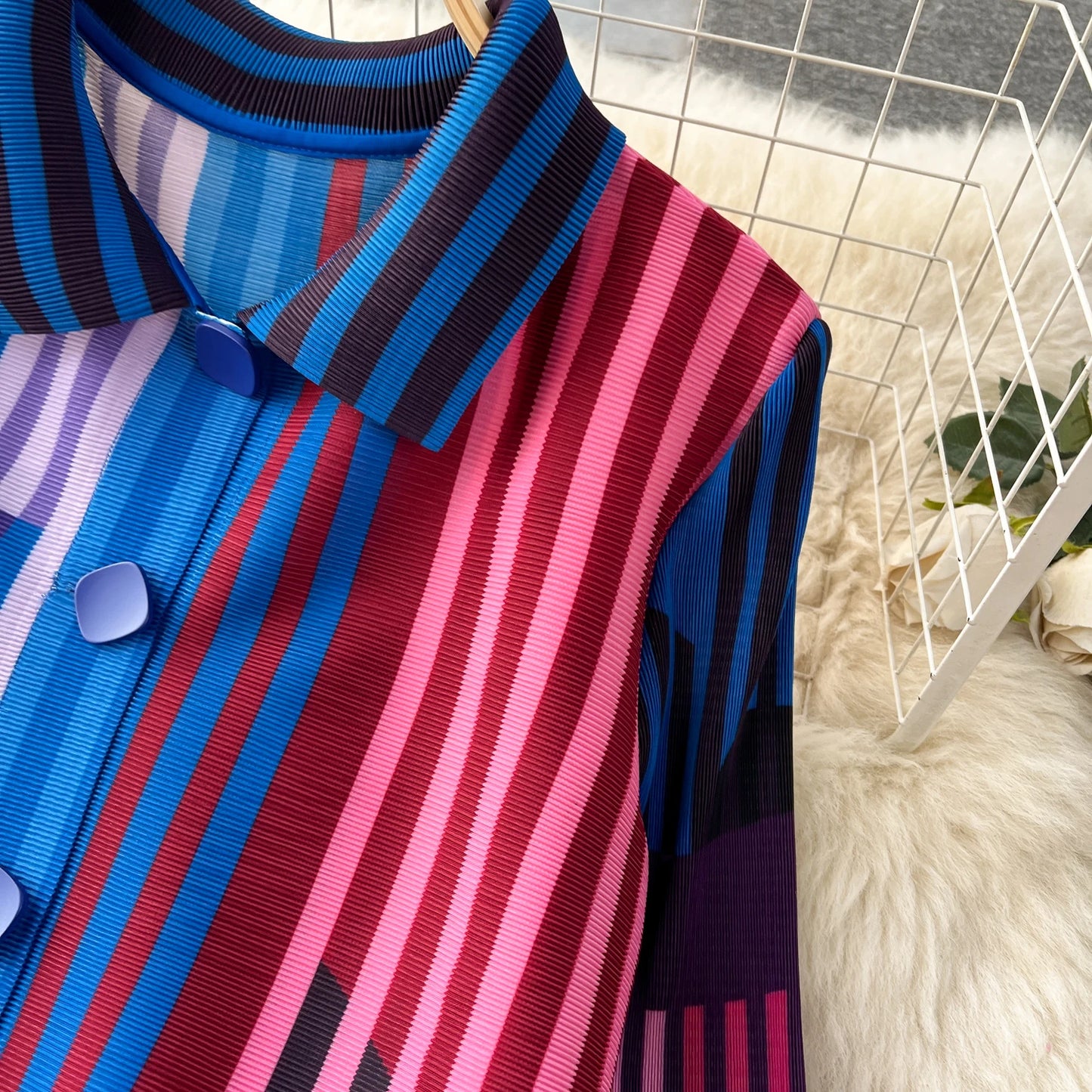 Miyake Pleated Drape Dress – Colorblock Print, 3/4 Sleeve