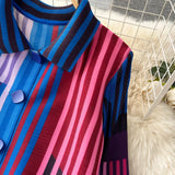Miyake Pleated Drape Dress – Colorblock Print, 3/4 Sleeve