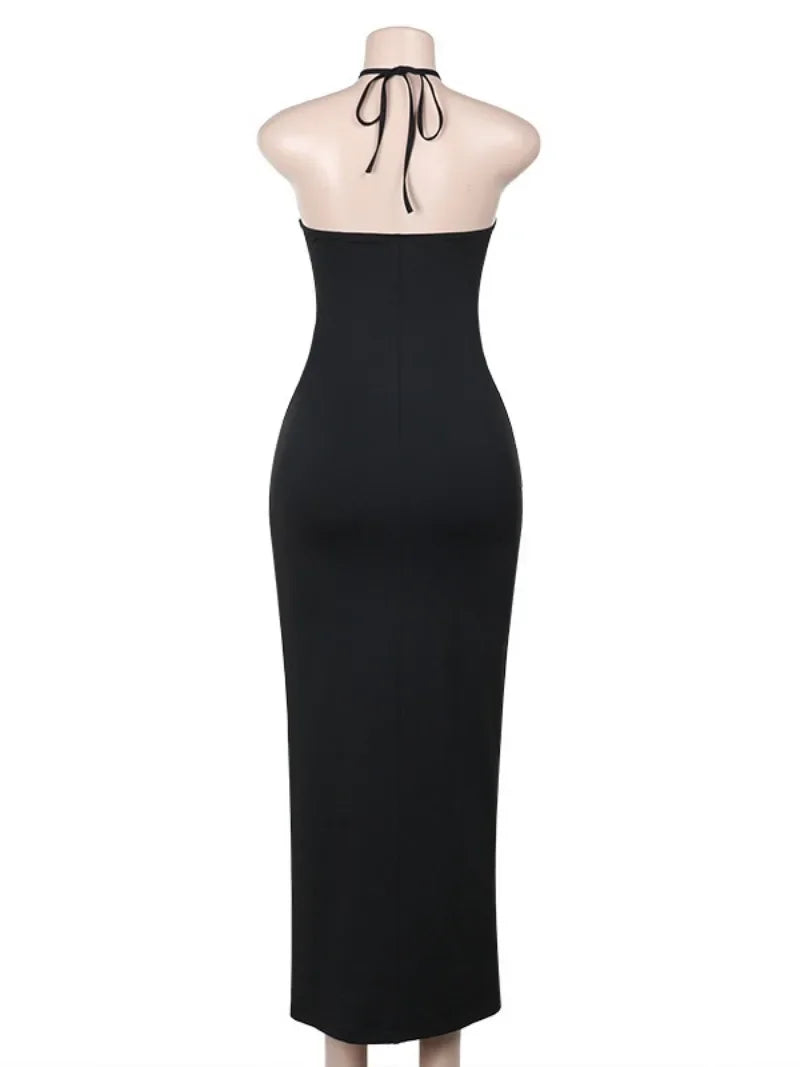 Elegant Mesh Patchwork Halter Gown