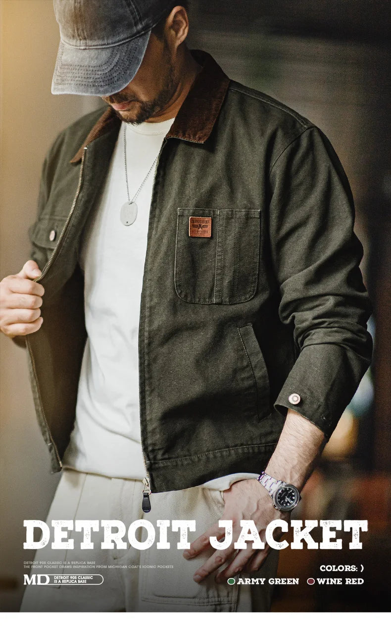 Maden Retro Heavyweight Canvas Detroit Jacket Corduroy Collar Hunting Short Zip-Up Jacket with Pockets Men's Autumn Outerwear