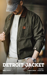 Maden Retro Heavyweight Canvas Detroit Jacket Corduroy Collar Hunting Short Zip-Up Jacket with Pockets Men's Autumn Outerwear