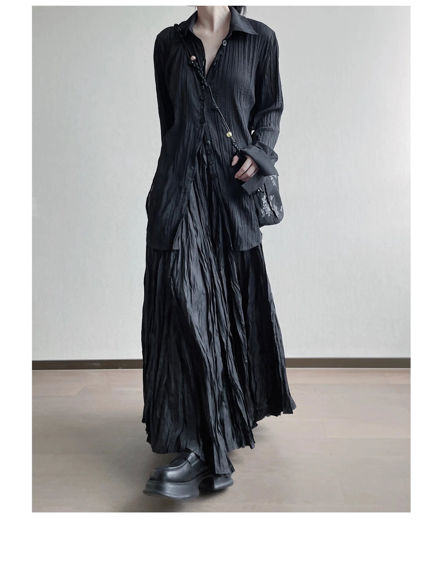 UMI MAO Irregular Fold Maxi Skirt – Elegant A-Line