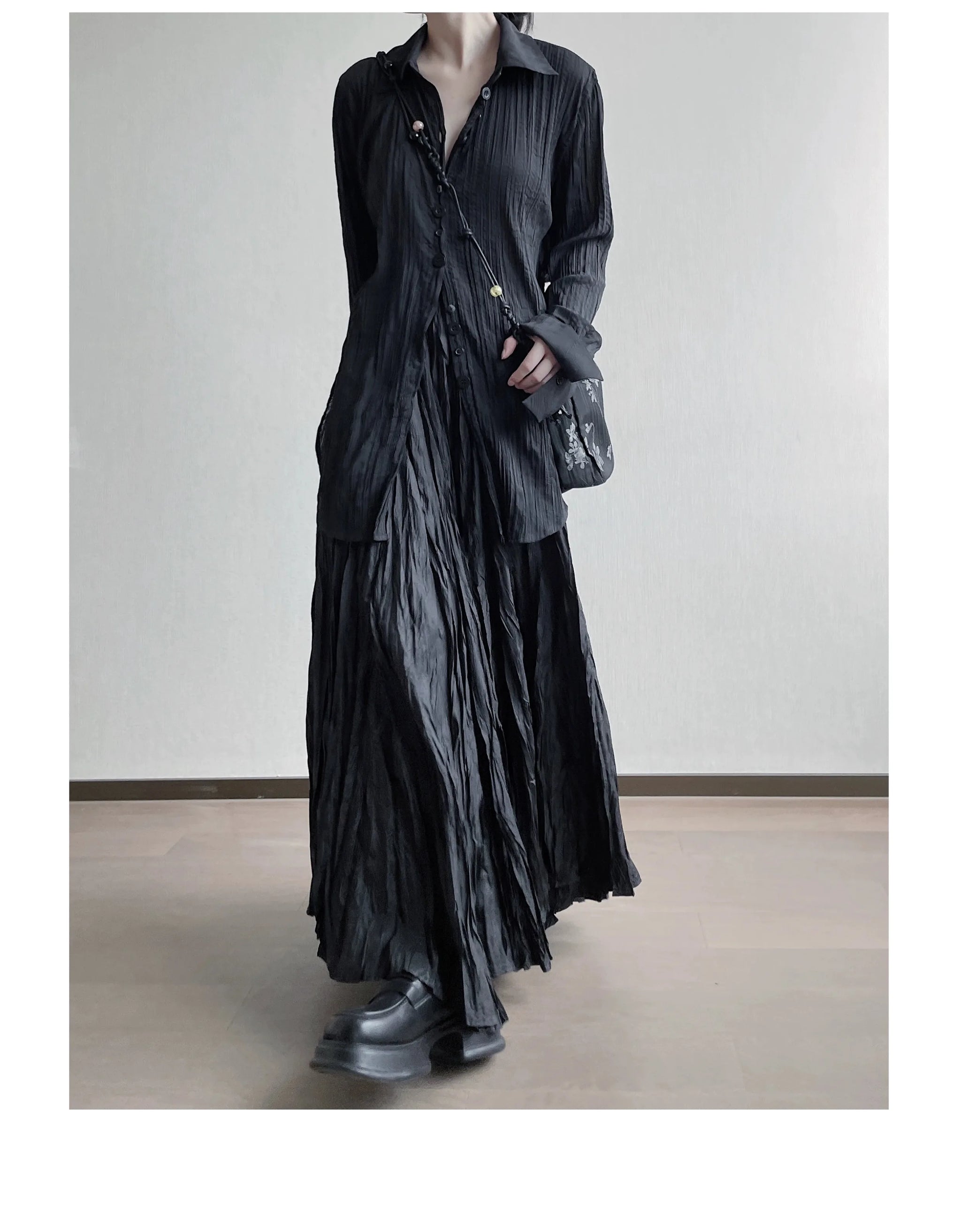 UMI MAO Irregular Fold Maxi Skirt – Elegant A-Line