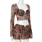 Leopard Print Skinny 2-Piece Set | Mesh Sleeve Crop Top & Ruched Skirt