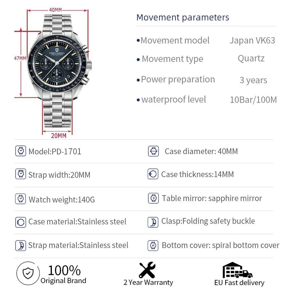 PAGANI DESIGN New Luxury Moon Quartz Watches For Men Stainless steel Luminous waterproof Sports Chronograph Man 2026 Retro Watch