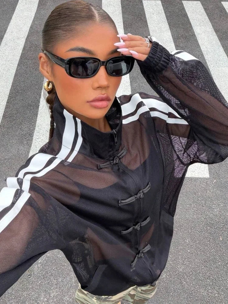 Women's Sheer Striped Stand-Collar Layering Jacket