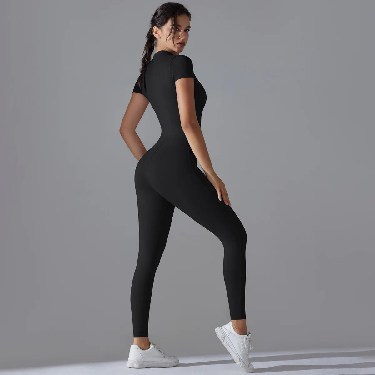 Zip-Front Yoga Jumpsuit - Quick-Dry Short Sleeve Fitness Bodysuit