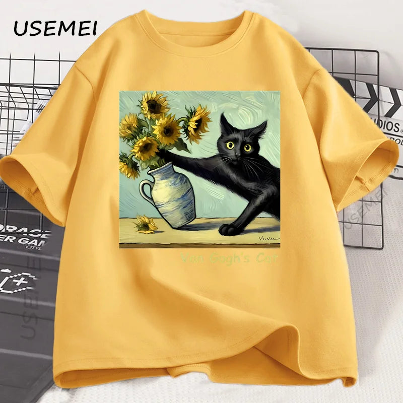Van Gogh's Cat Art Print T Shirt Funny Graphci T Shirts Cotton Trendy Summer Loose Short Sleeved T-shirt Men Women Harajuku Top