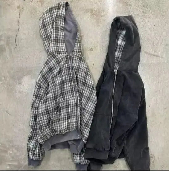 Reversible Plaid Zip-Up Hoodie with Relaxed Fit