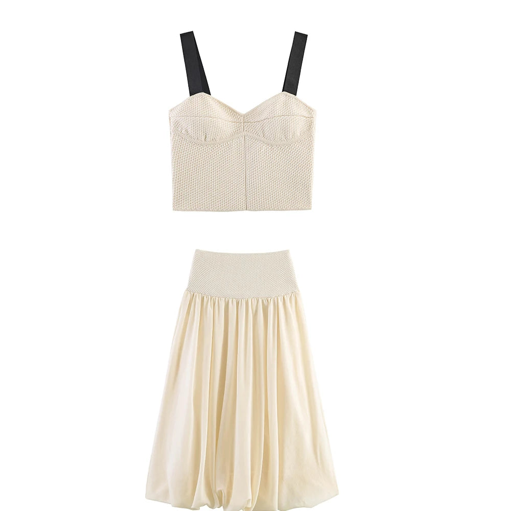 Summer minimalist style V-neck slim fit structured knit short sleeved knitted jacket with suspender short top and half skirt