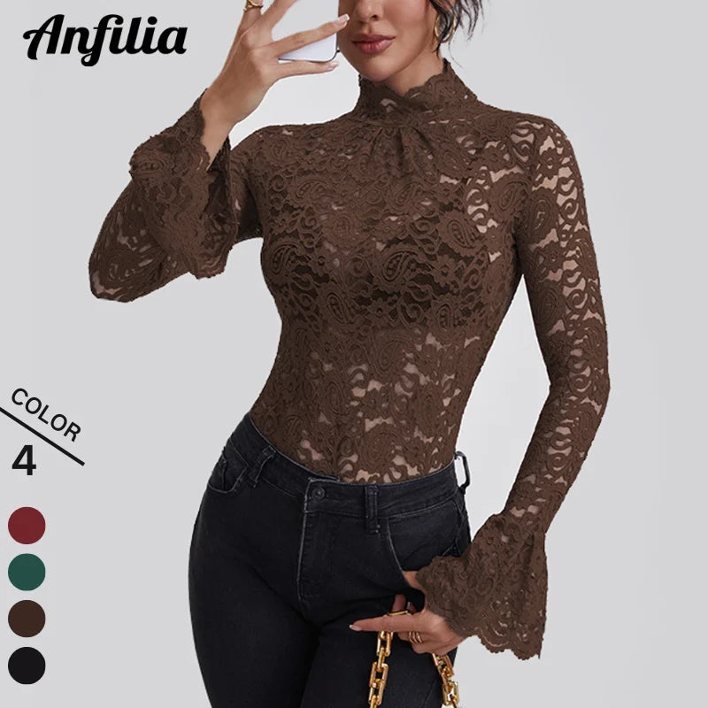 Elegant Floral Lace Turtleneck Blouse