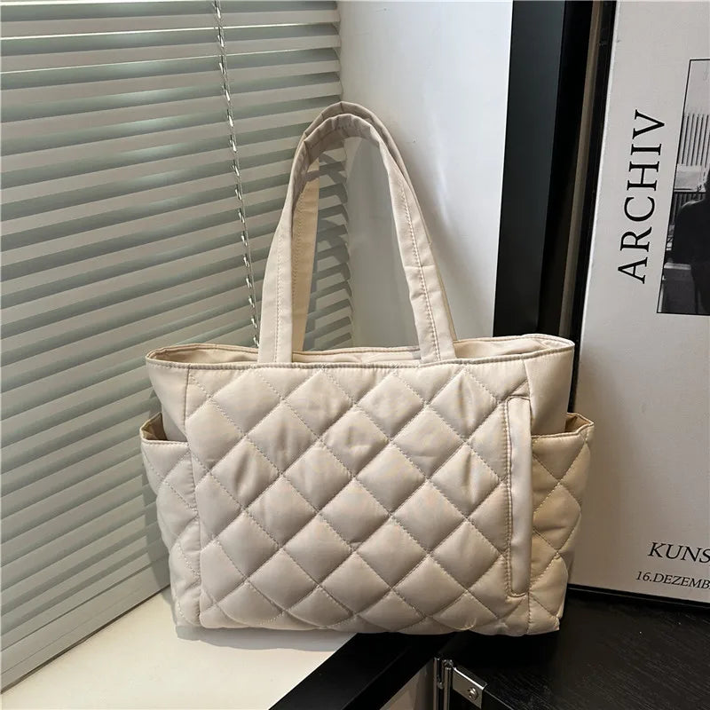Multi Pocket Women Mailman Bag Diamond Patterned Cotton Clothing Shoulder Bag Large Capacity Tote Bag Casual Nylon Shoulder Bag