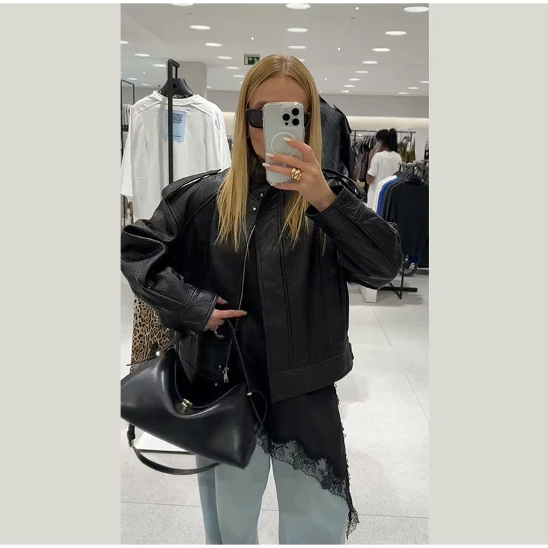 Chic Stand Collar Leather Jacket