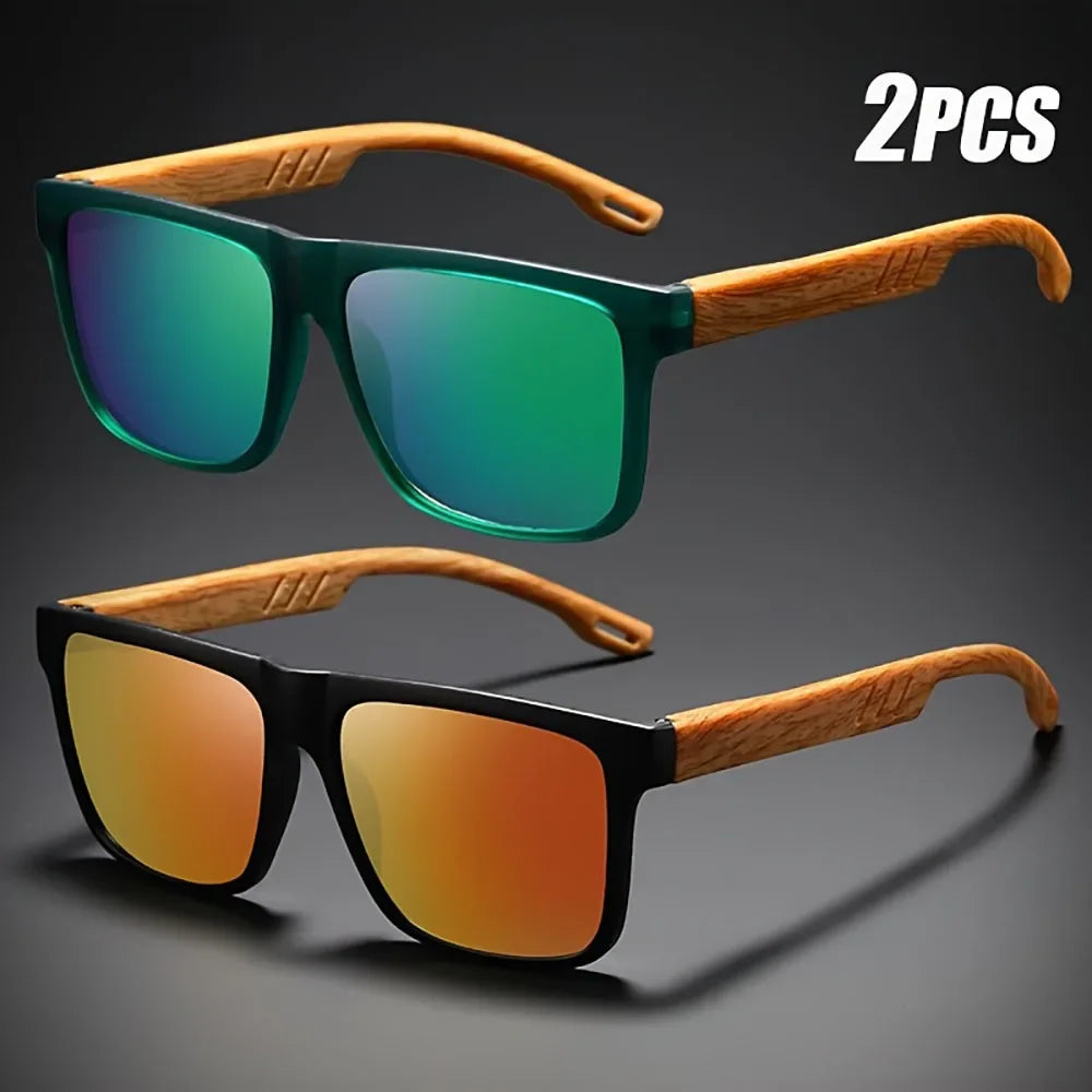 Square Wood-Grain Sunglasses – UV400 & Spring Hinges