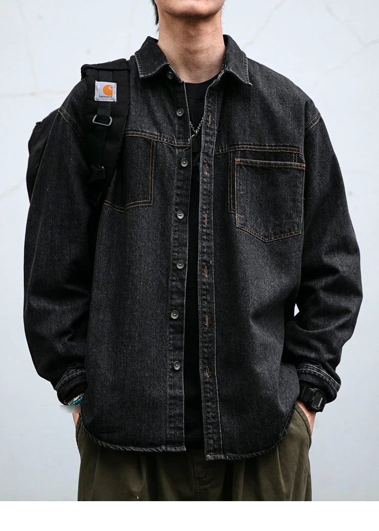 Mens High Quality Custom Weave Slub Deconstructed Patchwork Denim Shirt Trendy Distressed Wash Streetwear Casual Long Sleeve