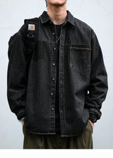 Mens High Quality Custom Weave Slub Deconstructed Patchwork Denim Shirt Trendy Distressed Wash Streetwear Casual Long Sleeve