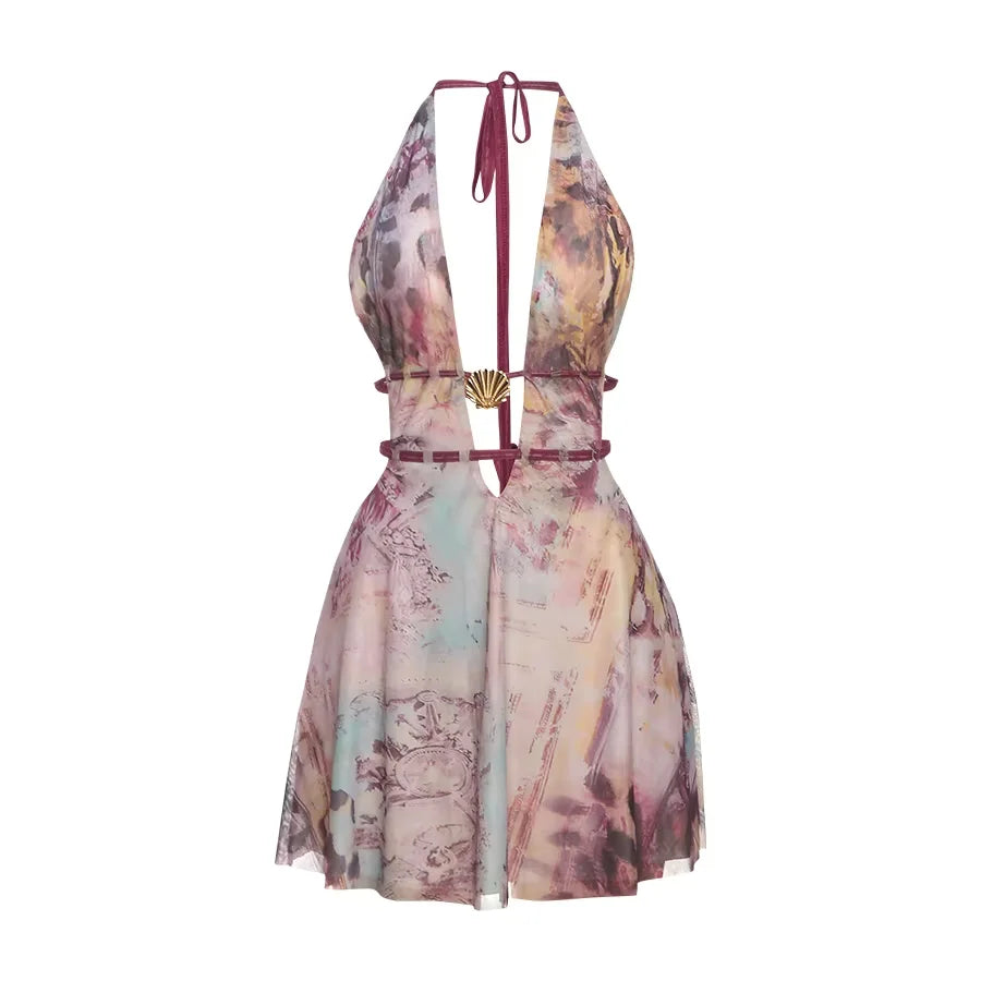 Shell Splice Halter Mini Dress - Y2K Aesthetic Backless Clubwear