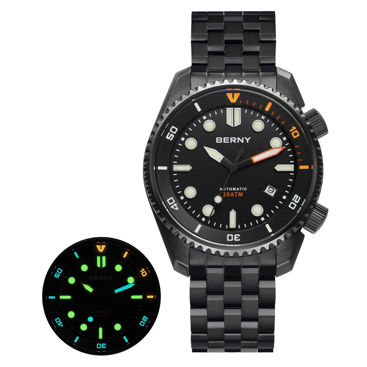 BERNY Automatic Diver Watch for Men Top Luxury Sapphire 316L Steel New Wave Dial 200M Waterproof Mechanical Diving Men's Watches