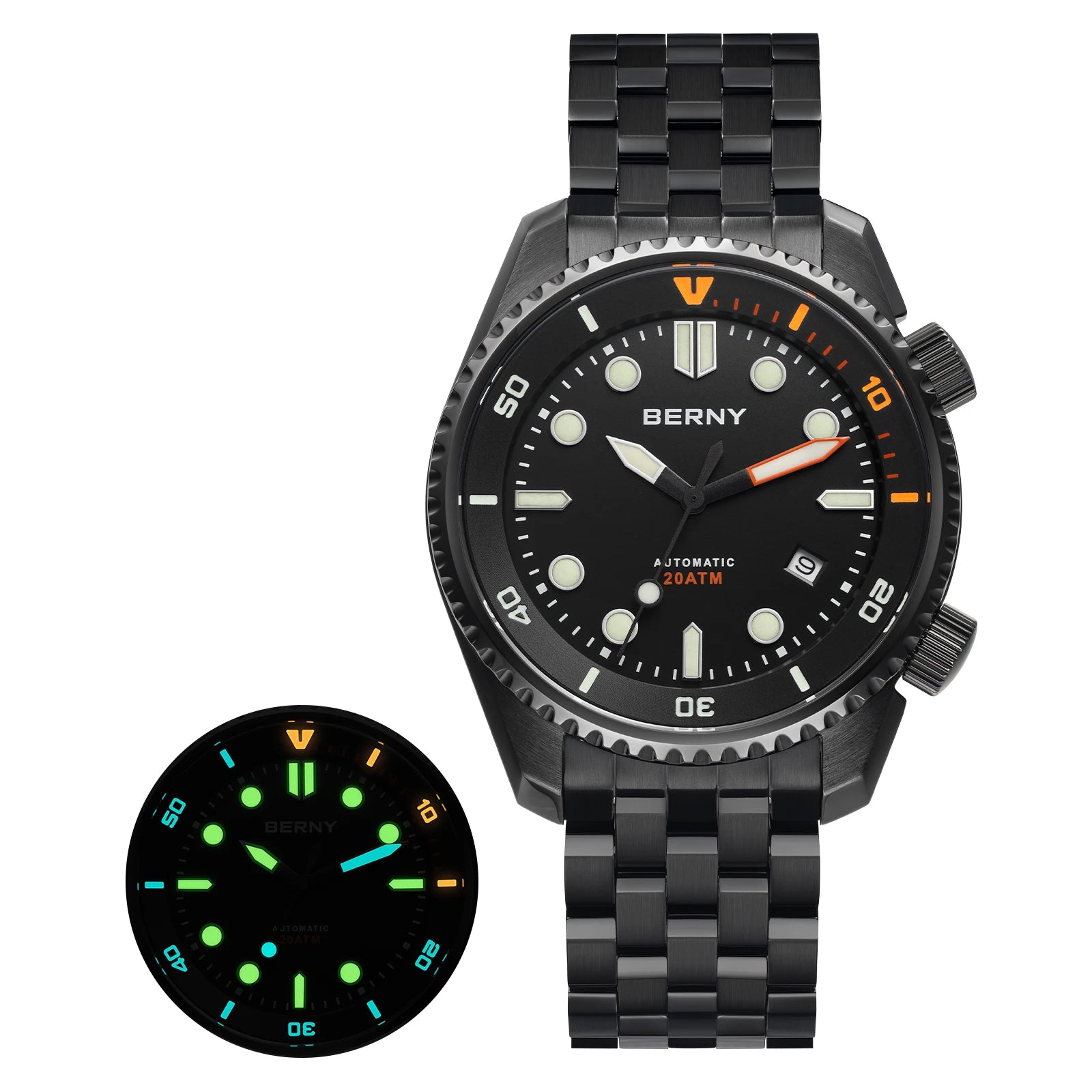 BERNY Automatic Diver Watch for Men Top Luxury Sapphire 316L Steel New Wave Dial 200M Waterproof Mechanical Diving Men's Watches