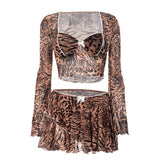 Leopard Print Skinny 2-Piece Set | Mesh Sleeve Crop Top & Ruched Skirt