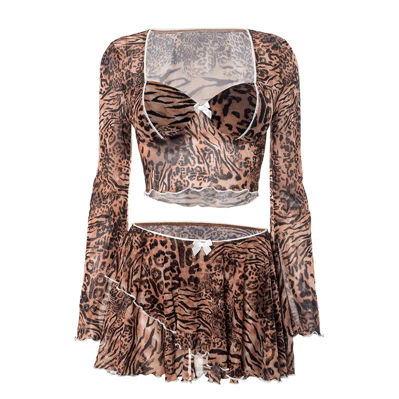 Leopard Print Skinny 2-Piece Set | Mesh Sleeve Crop Top & Ruched Skirt